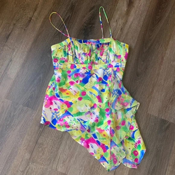 Silk abstract tank top Lapis ruffled detail multi colored size Large - Picture 1 of 8